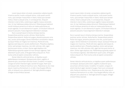 Imagem de duas páginas brancas lado a lado, com texto sem significado, dividido em três parágrafos. Na página da esquerda, os parágrafos estão sinalizados por um recuo à esquerda. Na página da direita, há uma linha em branco que separa cada parágrafo.