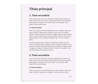 Imagem de uma página modelo, com texto fictício separado por três níveis de título. Cada título tem um tamanho e peso únicos.